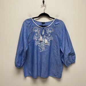 Talbots Women Blue Embroidered Linen Cross Dye Split V-Neck Tassel Peasant Top L
